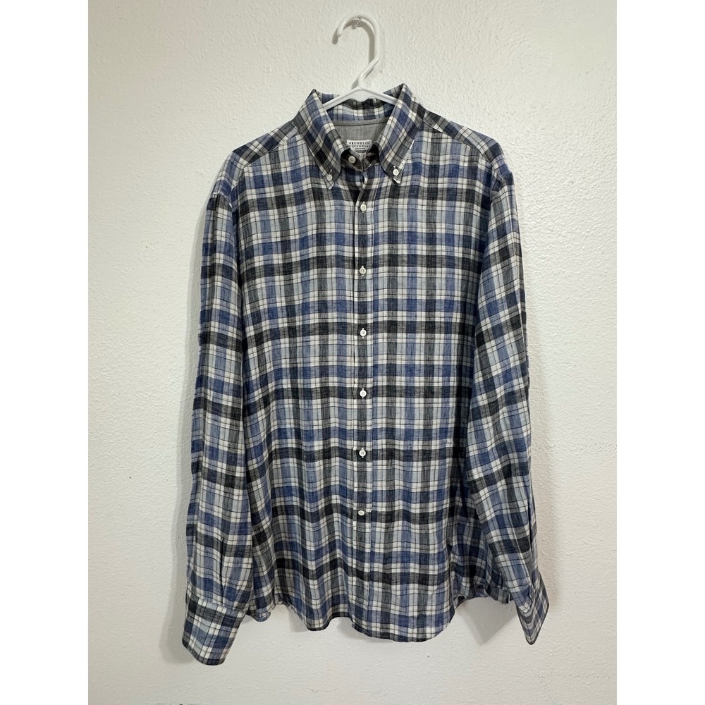 Brunello Cucinelli Mens XL Blue Plaid 100% Linen Button Down Shirt Made In Italy